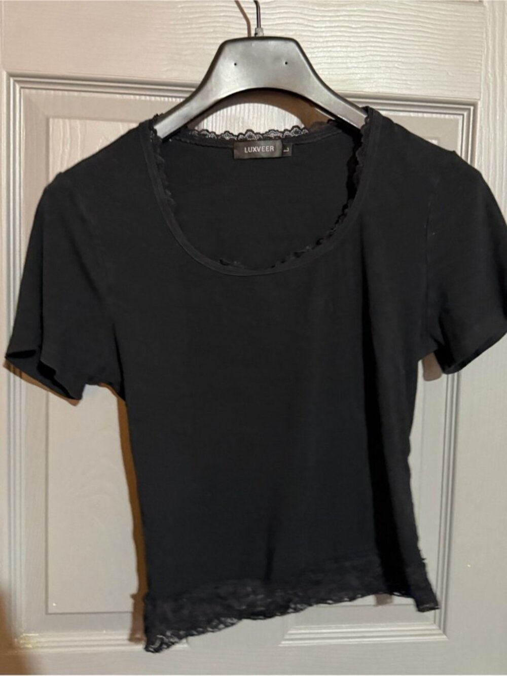 Luxveer Black Lace Trim‎ Scoop Neck Short Sleeve Top Large